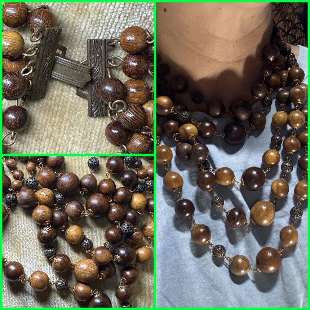 American Vintage Brown Wood and brass Bead Necklace multi strand cascading